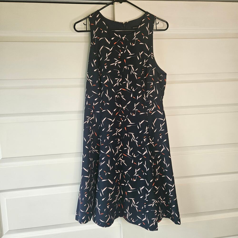 Banana Republic Navy Abstract Leaf Print Sleeveless Fit Flare Dress Size 12